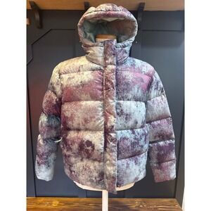 The North Face Womens XL Puffer Jacket Hooded Purple Grey Abstract Print Down